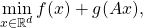 \begin{equation*} \min_{x \in \mathbb R^d} f(x) + g(Ax) ,\label{P10}\end{equation}