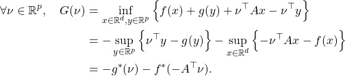 \begin{align*}\forall \nu \in \mathbb R^p, \quad G(\nu)&= \inf_{x \in \mathbb R^d, y \in \mathbb R^p} \left\{   f(x) + g(y) + \nu^{\top}Ax - \nu^{\top}y \right\}\\&=- \sup_{y \in\mathbb R^p} \left\{  \nu^{\top}y-g(y)\right\}- \sup_{x \in\mathbb R^d} \left\{ -\nu^{\top}Ax-f(x)\right\}\\&=-g^*(\nu)-f^*(-A^{\top}\nu).\end{align*}