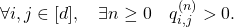 \forall i,j \in [d], \quad \exists n \geq 0 \quad q_{i,j}^{(n)} >0.